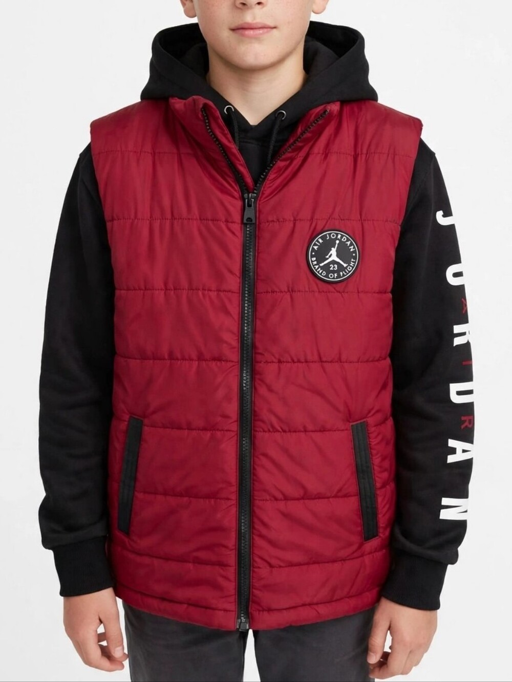 Nike Air Jordan Boys Puffer Vest Hoodie Jacket Red Black Size L 12-13 Yrs